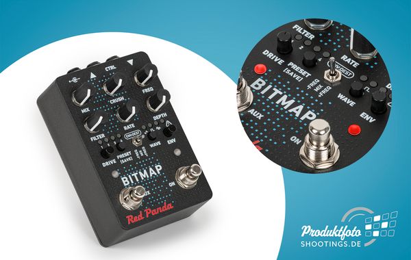 Professionelle Produktfotografie eines red panda bitmap v2 effekt pedals für E-gitarren