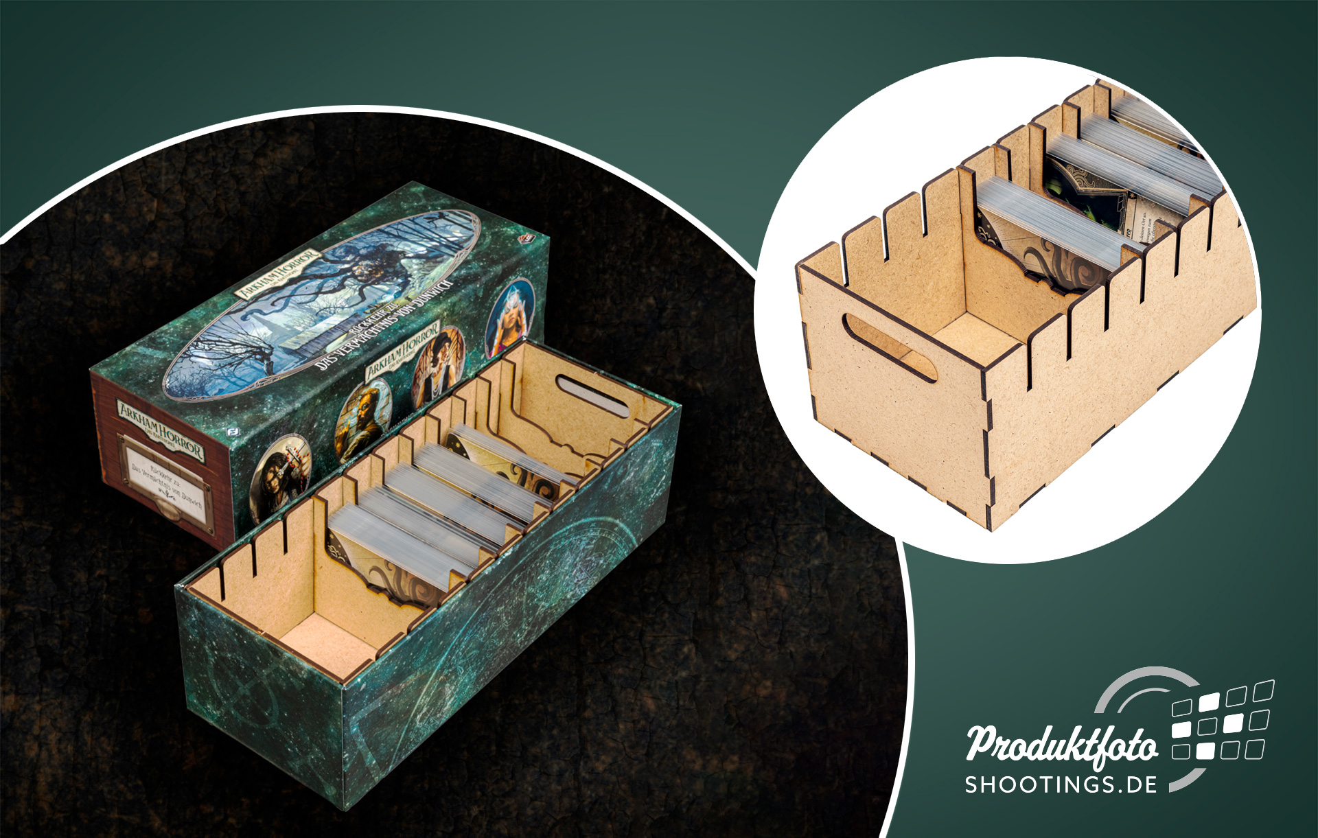 Ein Inlay für die Arkam Horror Spielebox aus Holz mit Trennwänden um die Spielkarten besser zu sortieren
